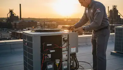 Professional AC repair technician servicing air conditioner unit in Pittsburgh, PA