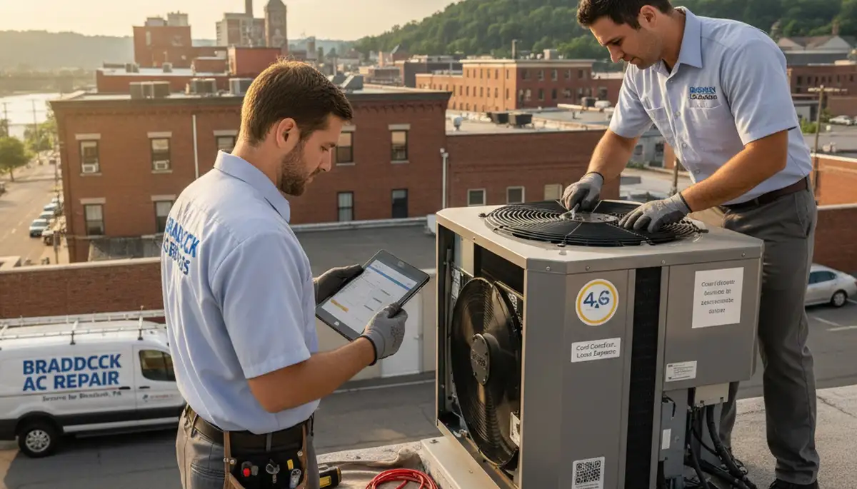 Professional AC repair technician servicing air conditioner in Pittsburgh, PA