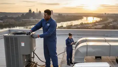 Professional AC repair technician servicing air conditioner in Pittsburgh, PA home