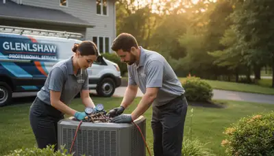 Professional AC repair technician servicing air conditioner unit in Pittsburgh, PA home