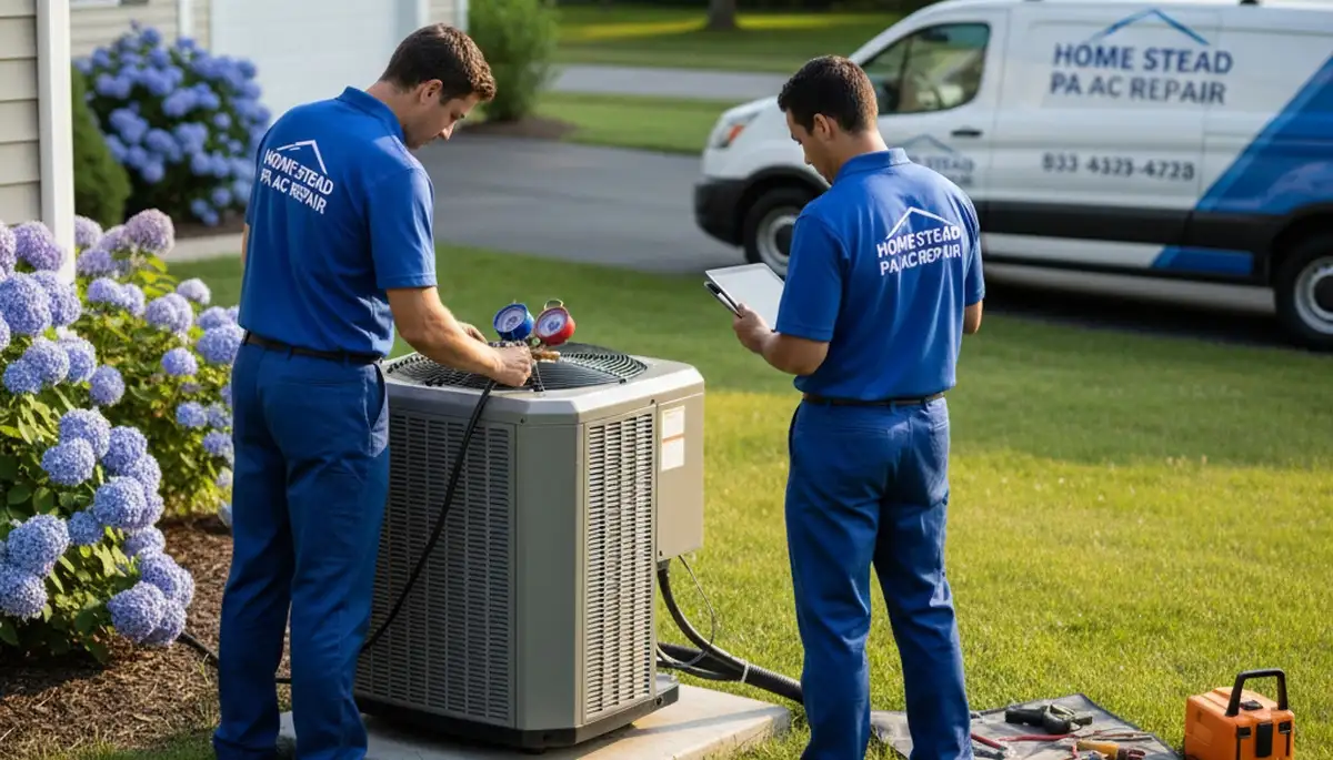 Professional AC repair technician servicing air conditioner in Pittsburgh PA home