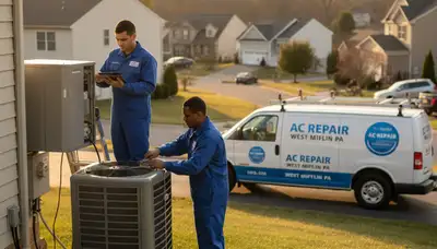 Professional AC repair technician servicing air conditioner in Pittsburgh PA home
