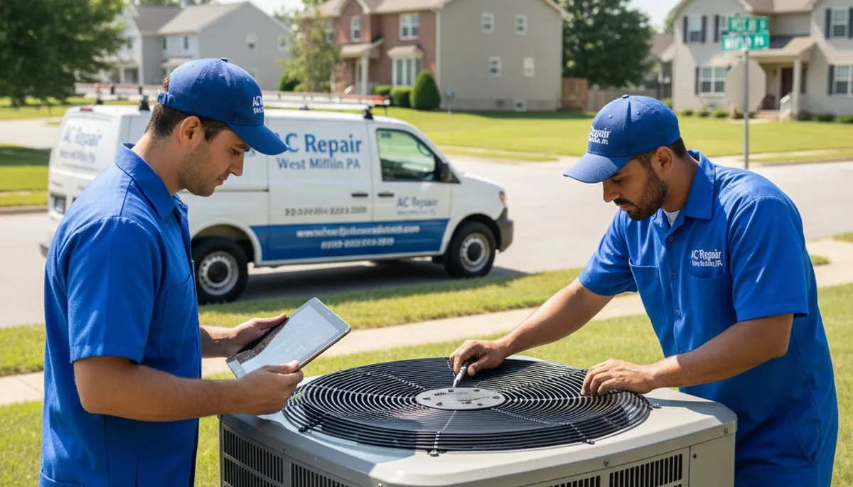 Professional AC repair technician in Pittsburgh PA servicing residential air conditioning system