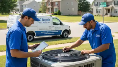 Professional AC repair technician in Pittsburgh PA servicing residential air conditioning system