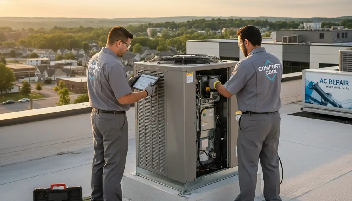 Professional AC repair technician servicing air conditioner in Pittsburgh, PA home