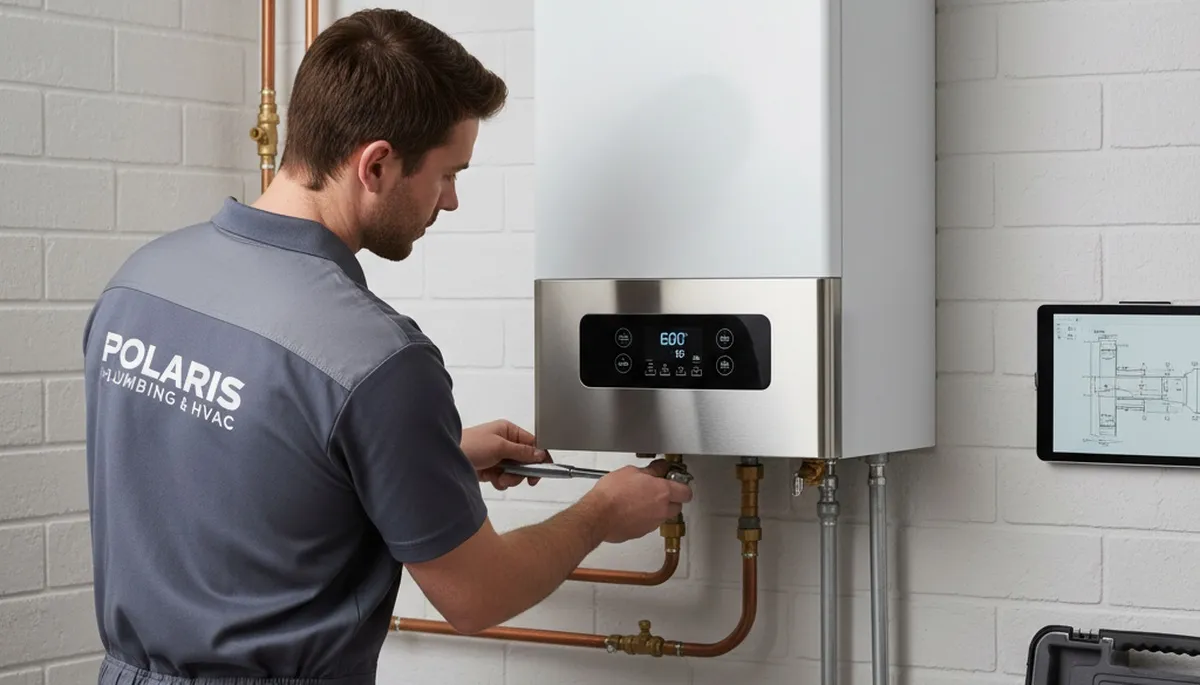 Technician performing boiler repair in Pittsburgh PA home for Five Star Cooling heating service