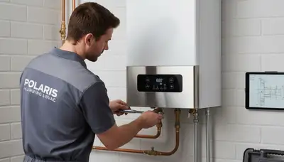 Technician performing boiler repair in Pittsburgh PA home for Five Star Cooling heating service