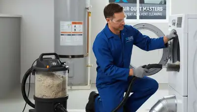 Technician cleaning dryer vent hose during maintenance service in Pittsburgh, PA home