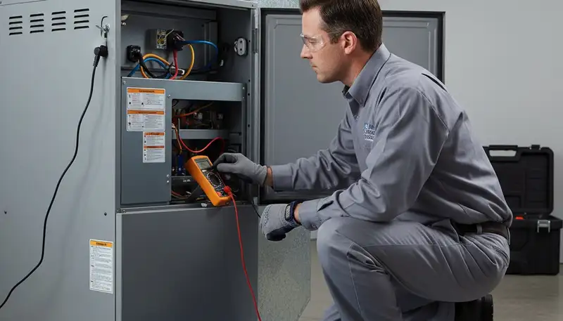 Technician performing furnace repair service in Pittsburgh PA home by Five Star Cooling