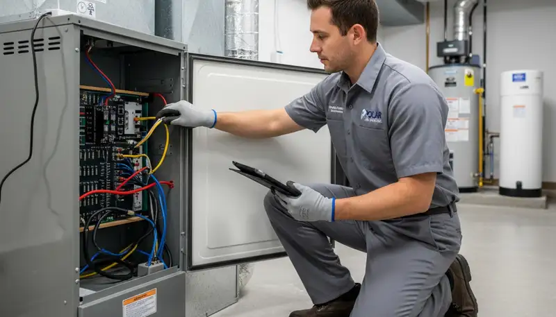 Technician performing furnace repair in Pittsburgh PA for Five Star Cooling heating service