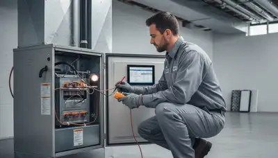 Technician performing heating repair on furnace in Pittsburgh, PA home for Five Star Cooling
