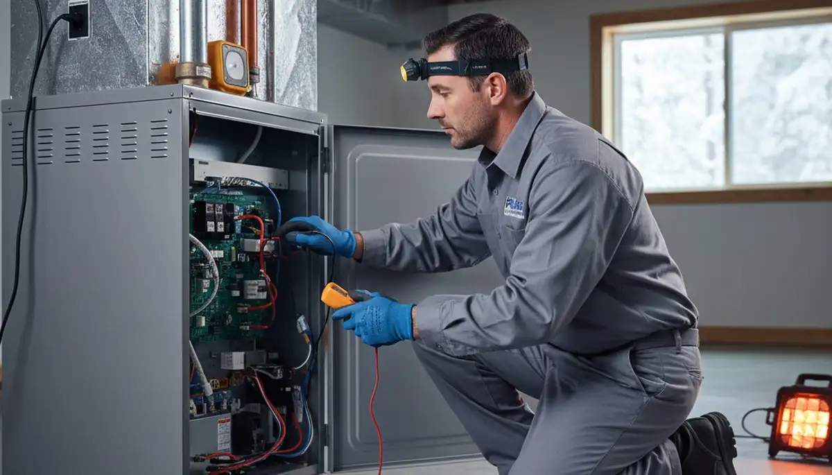 Technician performing heating repair on furnace system in Pittsburgh, PA home