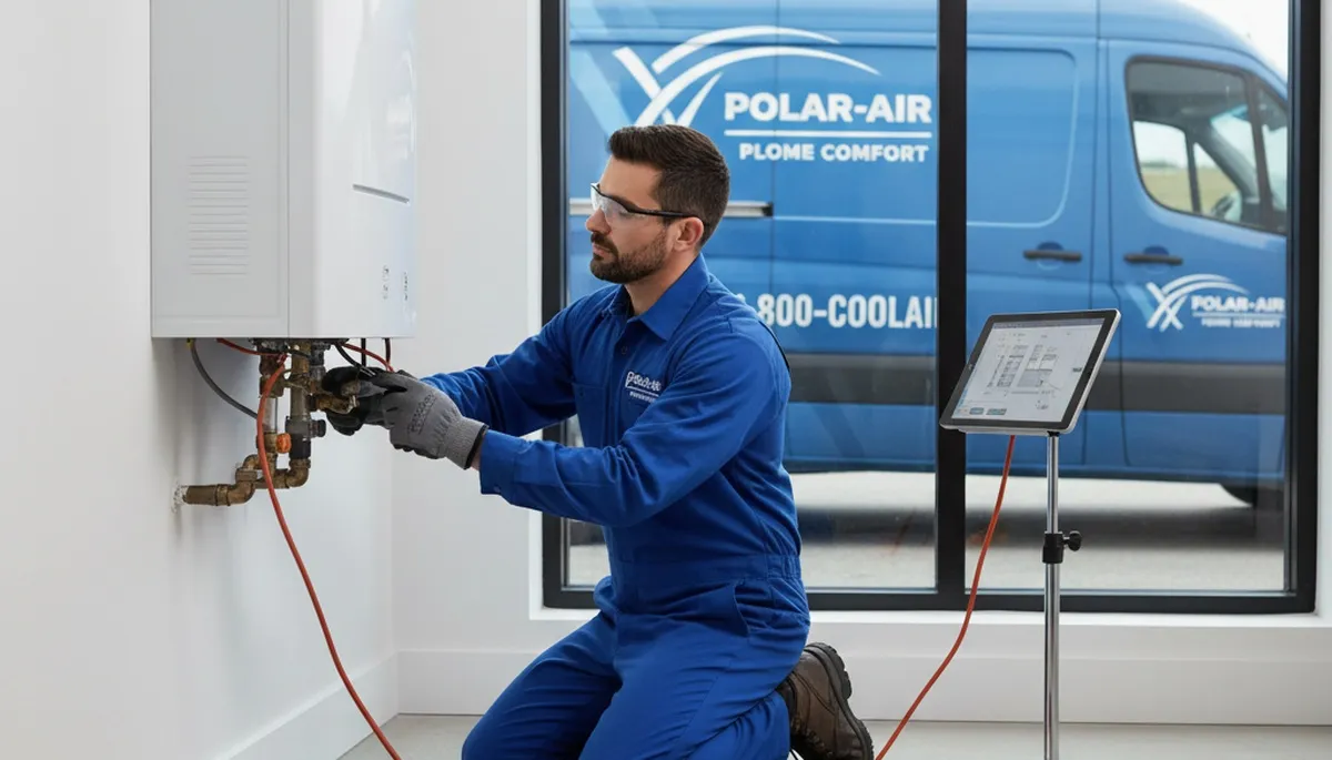 Technician repairing residential water heater in Pittsburgh PA home for Five Star Cooling
