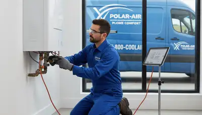 Technician repairing residential water heater in Pittsburgh PA home for Five Star Cooling