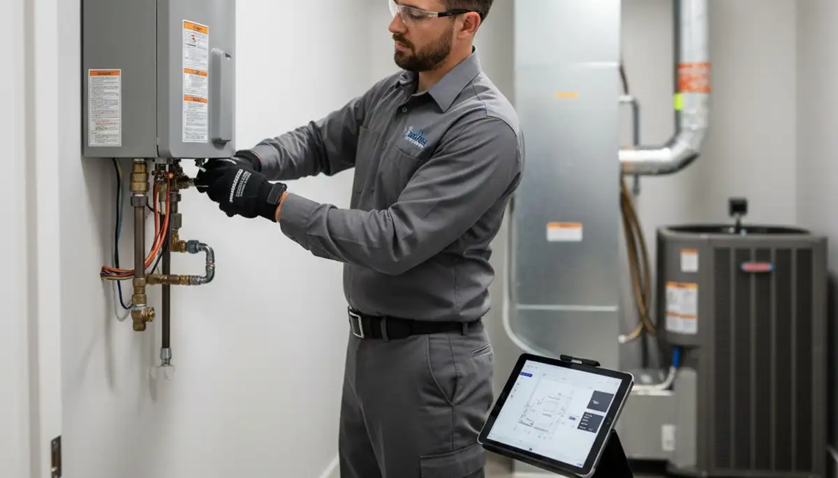 Technician repairing residential water heater in Pittsburgh PA for Five Star Cooling service